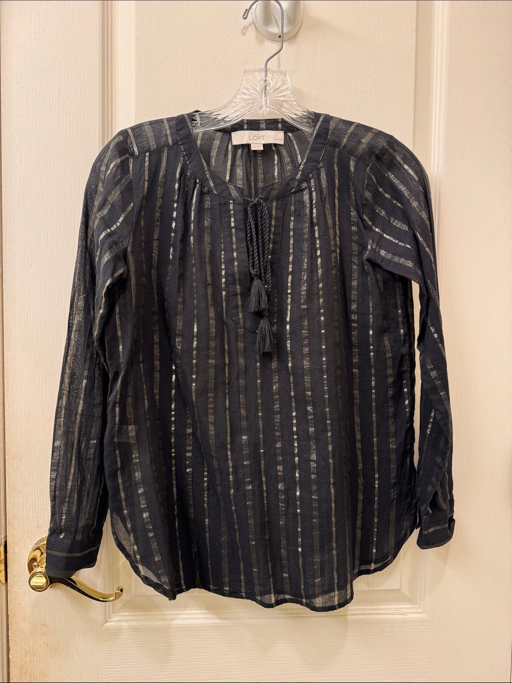 LOFT Black Striped Tassel Tie Blouse